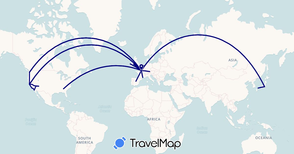 TravelMap itinerary: driving in Belgium, Germany, Spain, France, Ireland, Japan, Mexico, Netherlands, United States (Asia, Europe, North America)